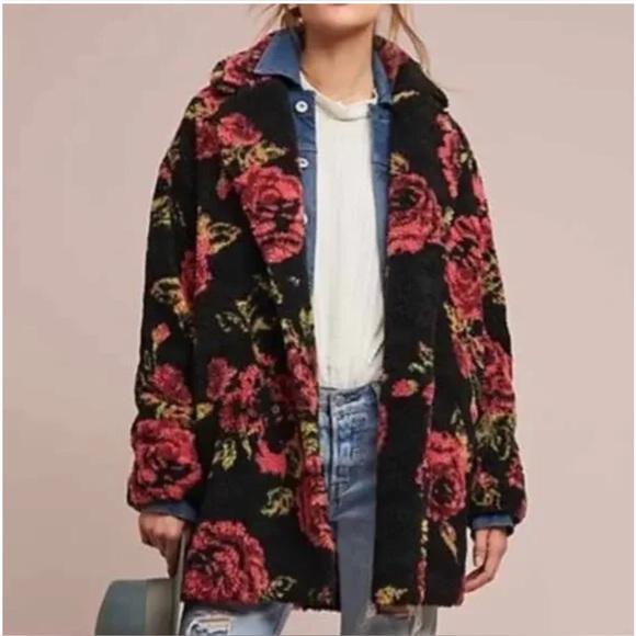 Anthropologie oversized Sherpa floral shacket size M warm boho feminine coat - Picture 8 of 8